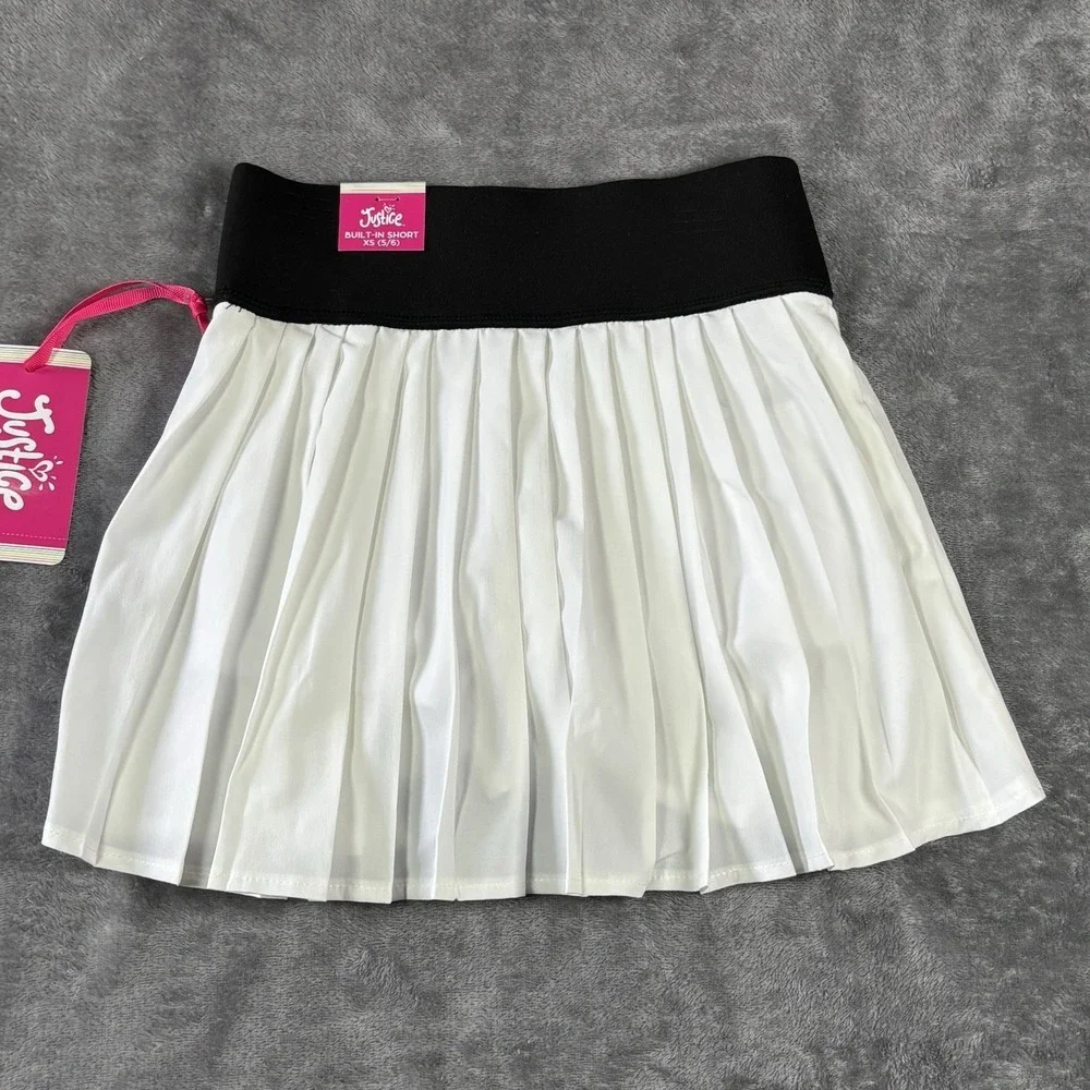 Justice Sport Girls Pleated White Skort Size XS 5/6 Elastic Waits  NWT
